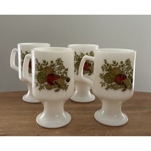 Vintage Milk Glass Pedestal Mugs Coffee Cups Corning Ware Spice of Life Set of 4 - Picture 1 of 2